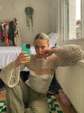 Y2K Vintage Fashion Knit Crochet Smock Top Pullover Flare Sleeve Super-Short Hollow Out Festival Outfits Sweater