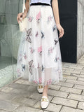 Skirt Women Vintage Embroidery Elastic High Waist A-Line Mesh Pleated Skirt Female Midi