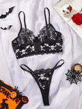 Black Skull Embroidery Mesh Lingerie Set- Outfit