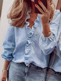 Spring And Summer New Solid Color Long-Sleeved Lotus Leaf-Side Shirt Women's
