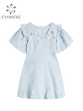 Women's Kawaii Princess Party Bow Mini Dress Elegant Ladies Puff Sleeve V-Neck Sweet Mori Girl A-line Dress Short