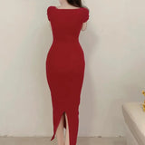 Dresses Knitted Hip Long Dress Slit Short Sleeve V Neck Maxi Dress Summer