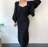 Knitted Single-breasted Lantern Sleeve Cardigan Sweater Coat V Neck Sleeveless Spaghetti Strap Sweater Dress 2 Piece