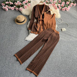 Zingj Suit Female Casual Temperament V Collar Waist Belt Knit Cardigan Jacket Three Piece Set High Waist Wide Leg