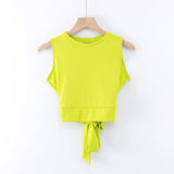 Summer Sleeveless Knitted Tops Solid Color Sports Tops Back Cross Bandage T-shirts