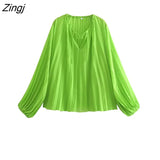 Women Fashion V Neck Solid Pleated Smock Blouse Female Long Sleeve Casual Chiffon Shirt Chic Kimono BlusasTops