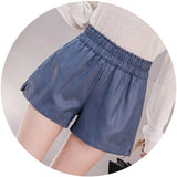 Elastic High Waist Wide Leg Biker Shorts Autumn PU Leather Shorts Women Plus Size Femme Casual Ladies Shorts