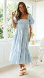 Plaid Puff Sleeve Midi Dress-Outfit