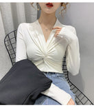 High Stretchy Tee Women's Full Sleeve Criss-Cross V-neck Tshirt Soft Sheath T-shirts Tops for