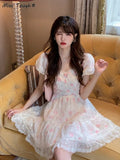 Lace Korean Sweet Dress Women France Vintage Elegant Party Mini Dresses Female Print Casual Beach Boho Fairy Dress