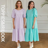 White Cotton Puff Sleeve Dress Woman Summer Midi Dress Short Sleeve Cascading Ruffles Blouses