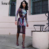 Women Fashion Autumn Winter Long Sleeve Printed Mesh See Through Bodycon Midi Dress 2021 Fall Clothes Wholesale