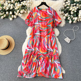 Zingj Dress Women's 2024 Summer Dress New Loose Leisure Fashion Print Medium-Long Bubble Sleeve Holiday