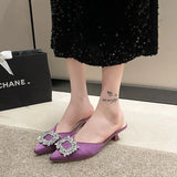 Zingj Buckle Diamond Baotou Half Slipper Female Wear Summer 2023 New Thin Heel Short Heel Lazy Cool Drag Muller Shoes Female-Outfit