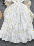 Fashion Sweet Long Sundress Women Square Collar Short Puff Sleeves Embroidery Floral Ruched Zipper Beach Style