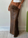 Vintage Brown Back Slit Low Waist Leather Maxi Skirt-Outfit