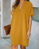 V-neck Short-sleeved Solid Color Loose