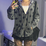 Y2K Grunge Punk Star Print Zip Up Oversized Velvet Hoodies E-girl Aesthetics Pockets Trim Long Sleeve Grey