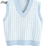 Loose sleeveless vest sweater 2021 autumn winter women's houndstooth knitted vest V-neck sleeveless pullover sweater