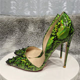 Serpentine pattern mixed colors pointed toe 12cm super high heels plus size 45 party work women pumps MD050