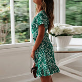Dresses Summer 2022 Sexy V Neck Floral Print Boho Beach Dress Ruffle Short Sleeve A Line Mini Dress Sundress
