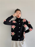 Floral Patch Black Cardigan Women Korean Fashion Knitted Sweater Button Up Kawaii Cute Fall Sweater Cardigan