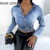 Women Button Design Long Sleeve Denim Crop Top Casual Blouse Long Sleeve Top Women Tops and