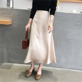 Women Elegant Office Lady Quality Glossy Satin Skirt Plain Shiny Fashion Solid High Waist Female