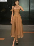 New Elegant Midi Dress For Women Solid One Piece A Line Femme Holiday Fashion Party Prom Clothing