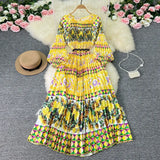 Zingj New Women's Dress Oversized Skirt Print Pleated Waist Lace Holiday