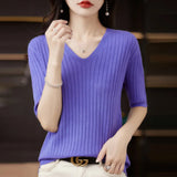Zingj The Summer Of 2023, Women's Knit Short Sleeve Korean V-Neck Solid Color T-Shirt And A Pit Top-Outfit