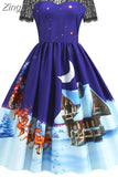 Christmas Costume Party Dress Short Sleeve Vintage Women Winter Xmas Sundress Robe