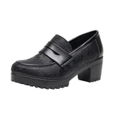 Lefu Shoes Women's Spring And Autumn Women's Shoes Coarse Heel Waterproof Platform British Small Leather Shoes Retro Black One-Legged Single