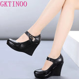 2021 Spring Autumn Genuine Leather Women's Fashion High Heels Pumps Wedges Black Color Female Platform Shoes Large