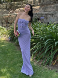 Blue Strapless 3D Flower Ruched Maxi Dress- Outfit