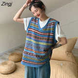 Knitted Sweater Vest Women Vintage V-neck Loose Korean Simple All-match Fashion Female Harajuku Leisure Street-wear