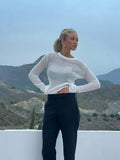 Fashion White Elegant Striped See Through Women Tops Outfits Long Sleeve T-Shirts Tees Skinny Club Party