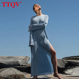 Fashion Pink Pleated Midi Dress Lady Autumn O-Neck Long Sleeve Bodycon Dress Elegant Slit Party Dresses For Women