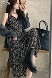 Women Sexy Black Lace Floral Mid-calf Lady Sundress Elegant Holiday Party Sleeveless French Summer Thin Fairy Trendy