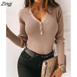 PETAL Ribbed V-Neck Buttoned Sweater For Women Casual Long Sleeve Pullovers Top 2023 Autumn Winter Knitwear