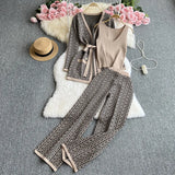 Zingj Suit Female Casual Temperament V Collar Waist Belt Knit Cardigan Jacket Three Piece Set High Waist Wide Leg