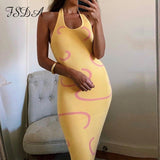 2021 Knitted Bodycon Dress Women Halter Neck Summer Yellow Sleeveless Midi Backless Party Sexy Dresses