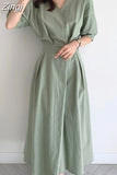 Solid Linen V-Neck Short Sleeve Elastic Waist Woman Midi Dress Elegant Green Summer 2023 Korean Fashion Women