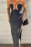 Black Women Sexy Strapless Tube Top Midi Dress Solid Bodycon Solid Dress Summer Party Clubwear Night Out