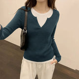 Ins Color Splicing Fake Two Long-Sleeved Tops Women's New Minority Autumn And Winter Knitted Bottomed