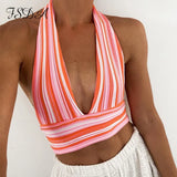 V Neck Bandage Crop Top Knitted Women Sexy 2021 Summer Blue Backless Sleeveless Casual Off Shoulder Tank Tops