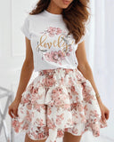 Summer Dresses Women Floral Letter Print T-shirt & Layered Ruffles Skirt Two Piece Set Casual Mini Dress