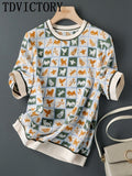 Vintage Printed Thin Chiffon Pullover Tops T Shirt Women Fashion Casual Elegant Chic Silk Satin Loose
