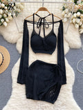 American Sexy Suits Hollow Out Long Sleeve Halter Mini Top+Slim Bodycon Skirt 2024 Y2K Summer Beach Style Knitted
