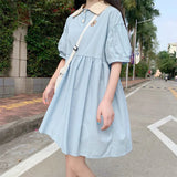 Women Harajuku Summer Short Sleeve Kawaii Sweet Girls Midi Dresses Holiday Chic A-line Popular Loose Lapel Soft